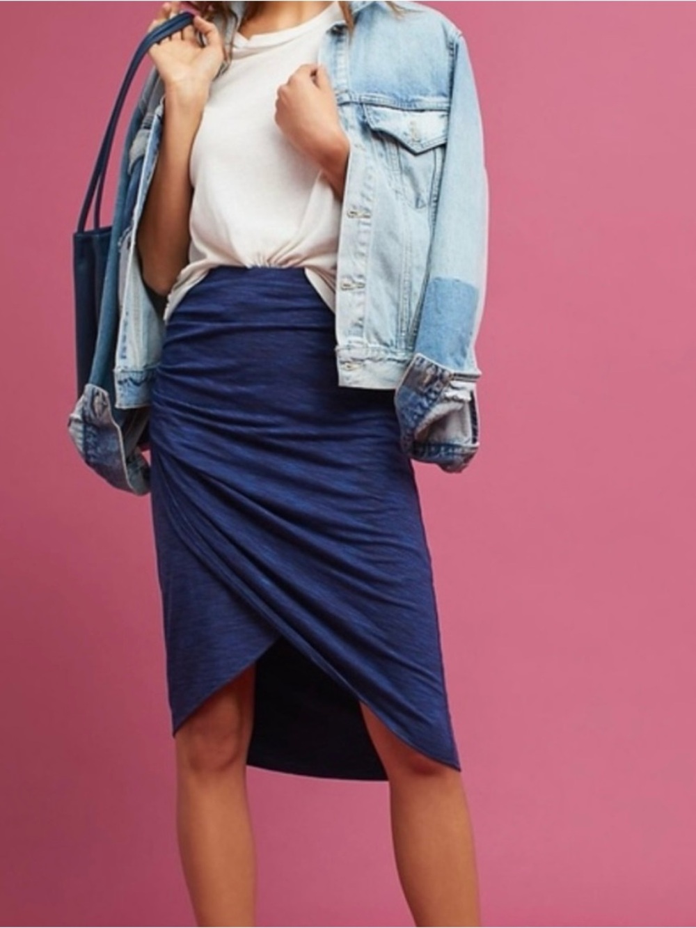 Maeve by Anthropologie Navy Ruched Wrap Midi Skirt